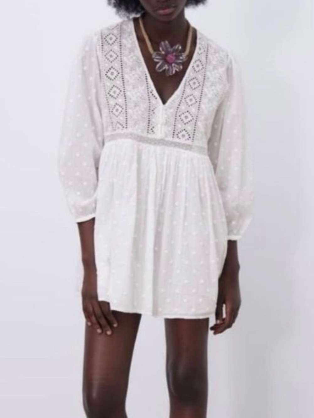Zara White Swiss Dot Embroidered Lace Boho Babydoll Tunic Dress Medium